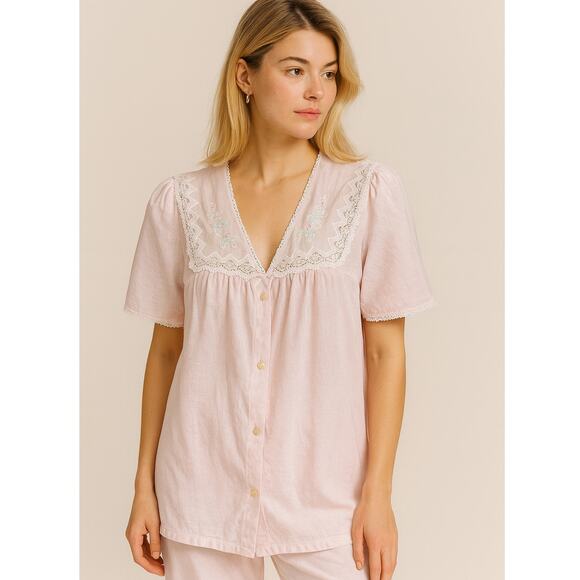 2/$30 Vintage 80s Barbizon Pajama Top Pale Pink Button Lace Embroidered Size M - Picture 1 of 8